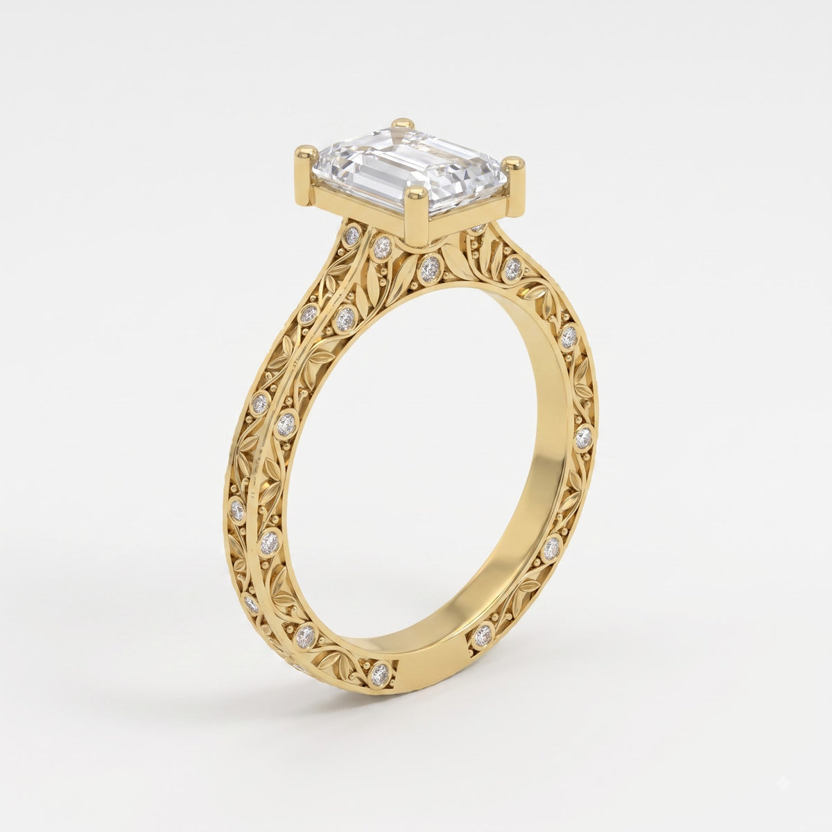 Botanical Motif Emerald-Cut Diamond Vintage Ring