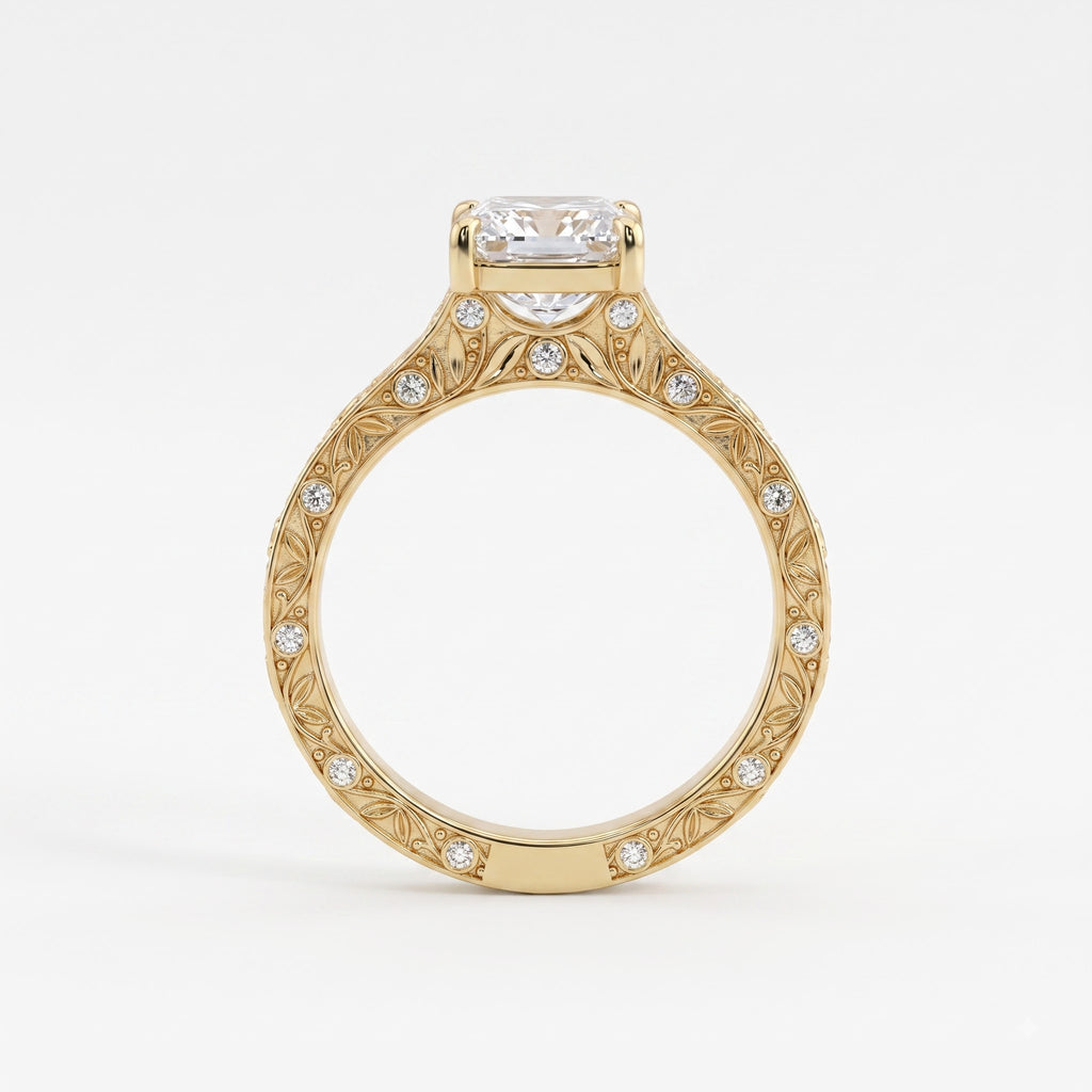 Botanical Motif Emerald-Cut Diamond Vintage Ring