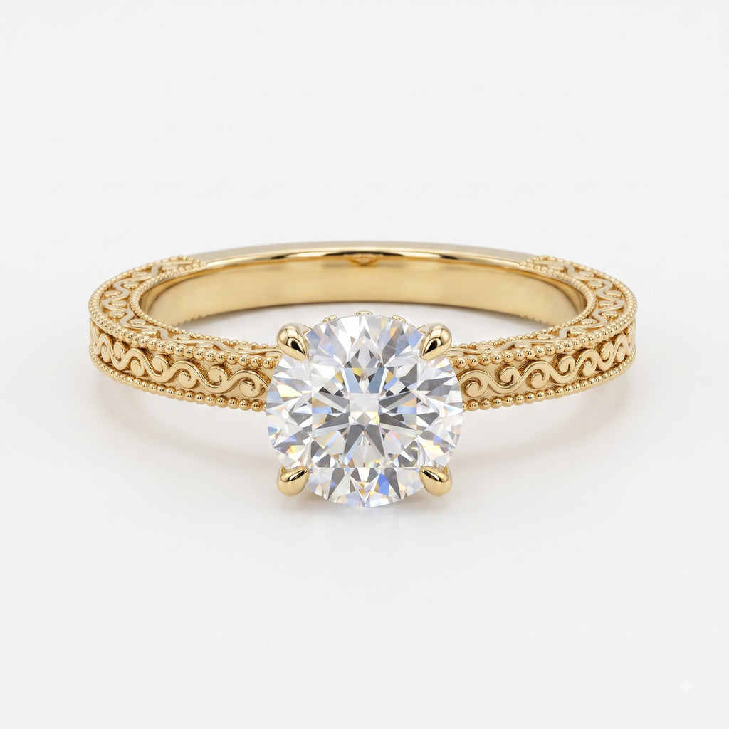 Vintage Inspired Regal Bloom Round Diamond Hidden Halo Ring