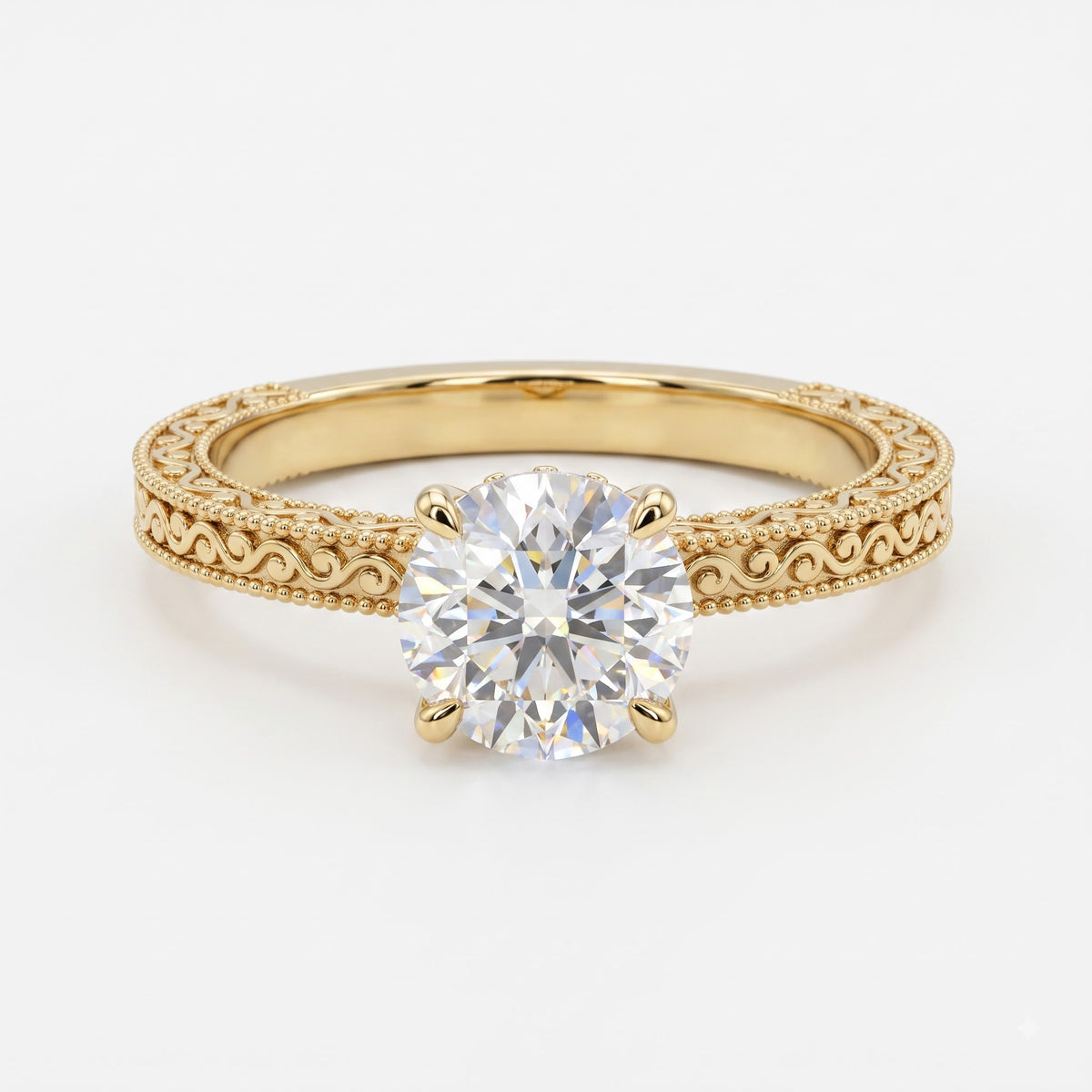 Vintage Inspired Regal Bloom Round Diamond Hidden Halo Ring