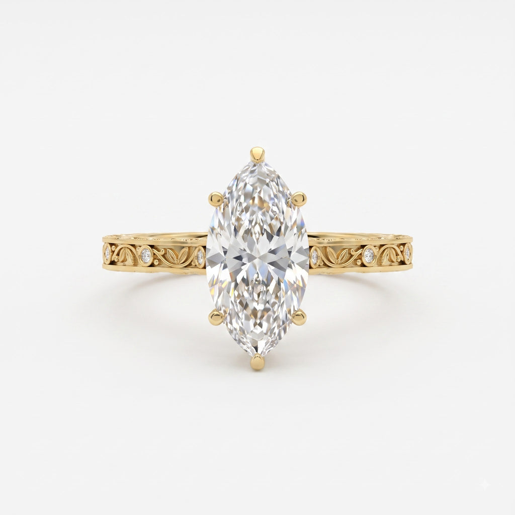 The Botanical Leaf Motif Engraved Marquise Diamond Vintage Ring
