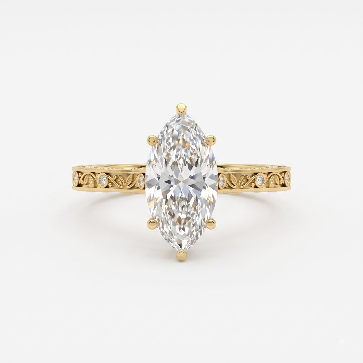 The Botanical Leaf Motif Engraved Marquise Diamond Vintage Ring