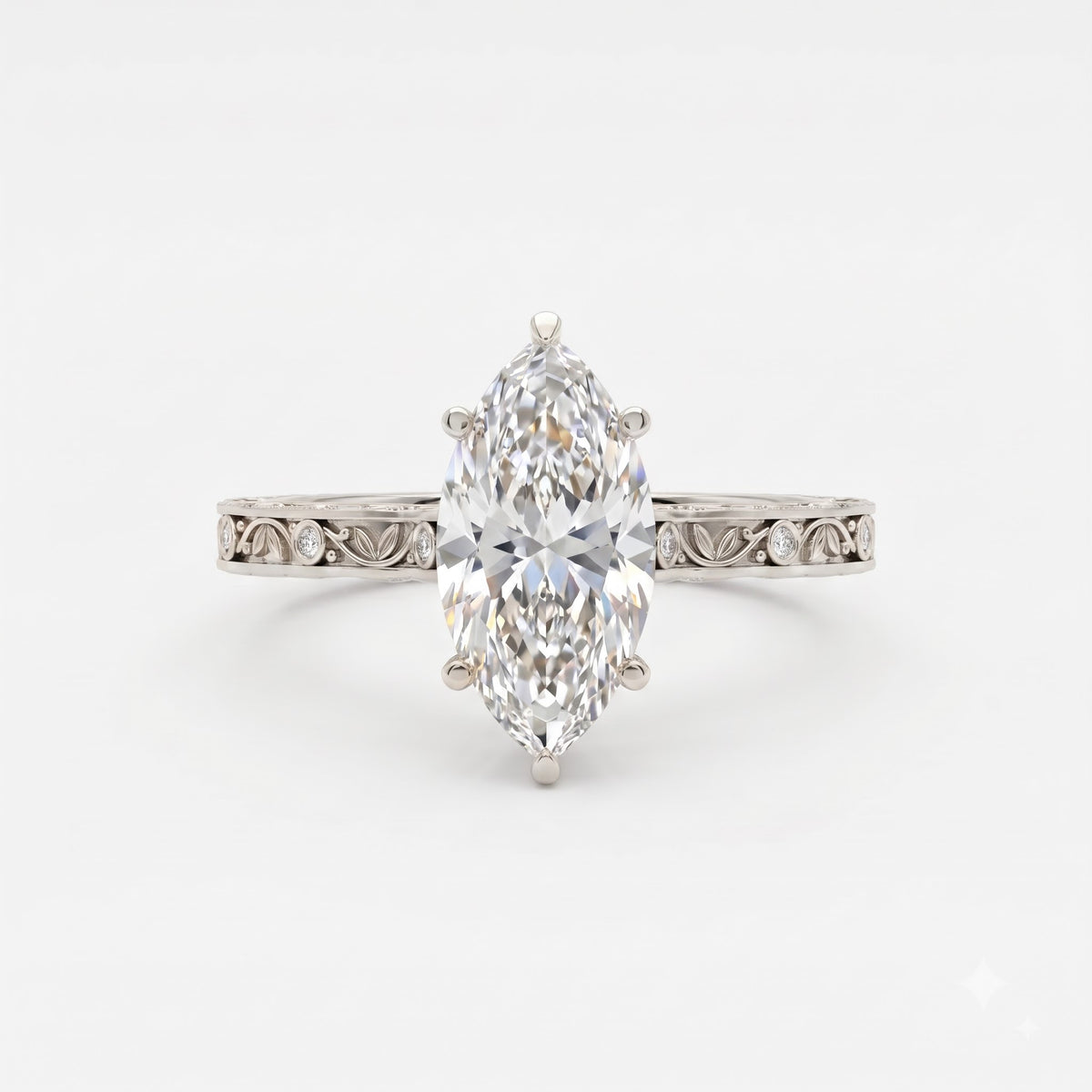 The Botanical Leaf Motif Engraved Marquise Diamond Vintage Ring