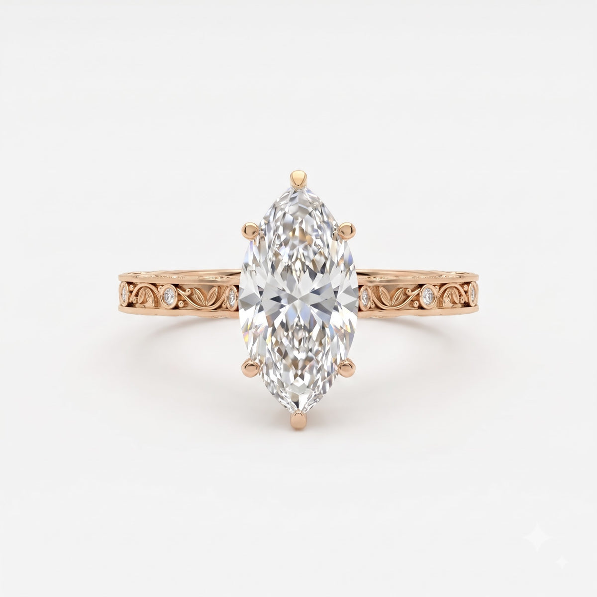 The Botanical Leaf Motif Engraved Marquise Diamond Vintage Ring