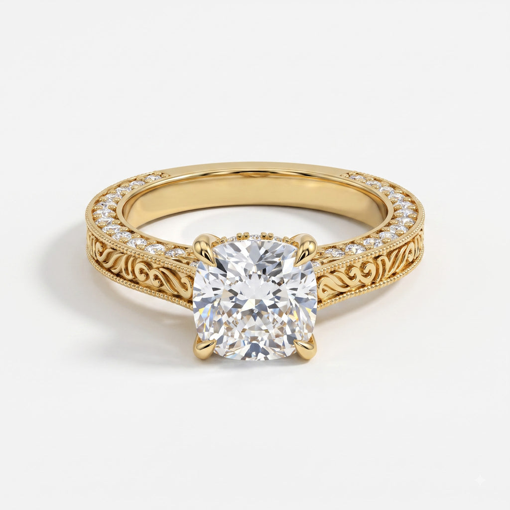 Luxury Vintage Inspired Cushion Cut Diamond Hidden Halo Ring