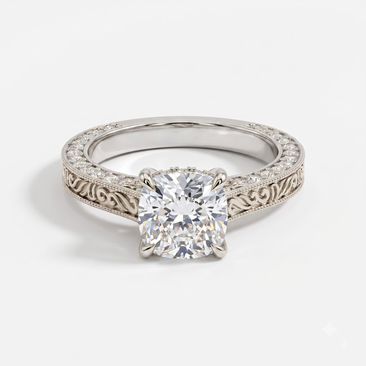 Luxury Vintage Inspired Cushion Cut Diamond Hidden Halo Ring