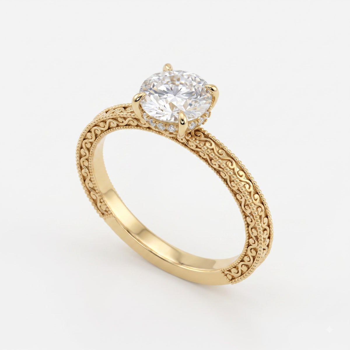 Vintage Inspired Regal Bloom Round Diamond Hidden Halo Ring
