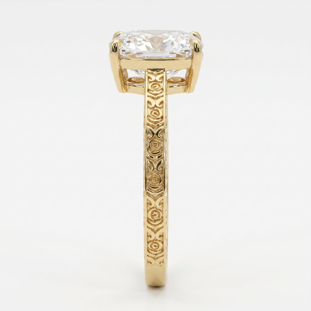 Vintage Floral Engraved Long Cushion Solitaire Ring