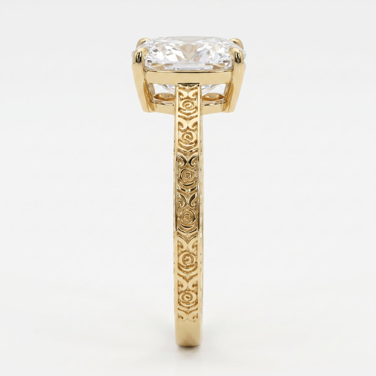 Vintage Floral Engraved Long Cushion Solitaire Ring