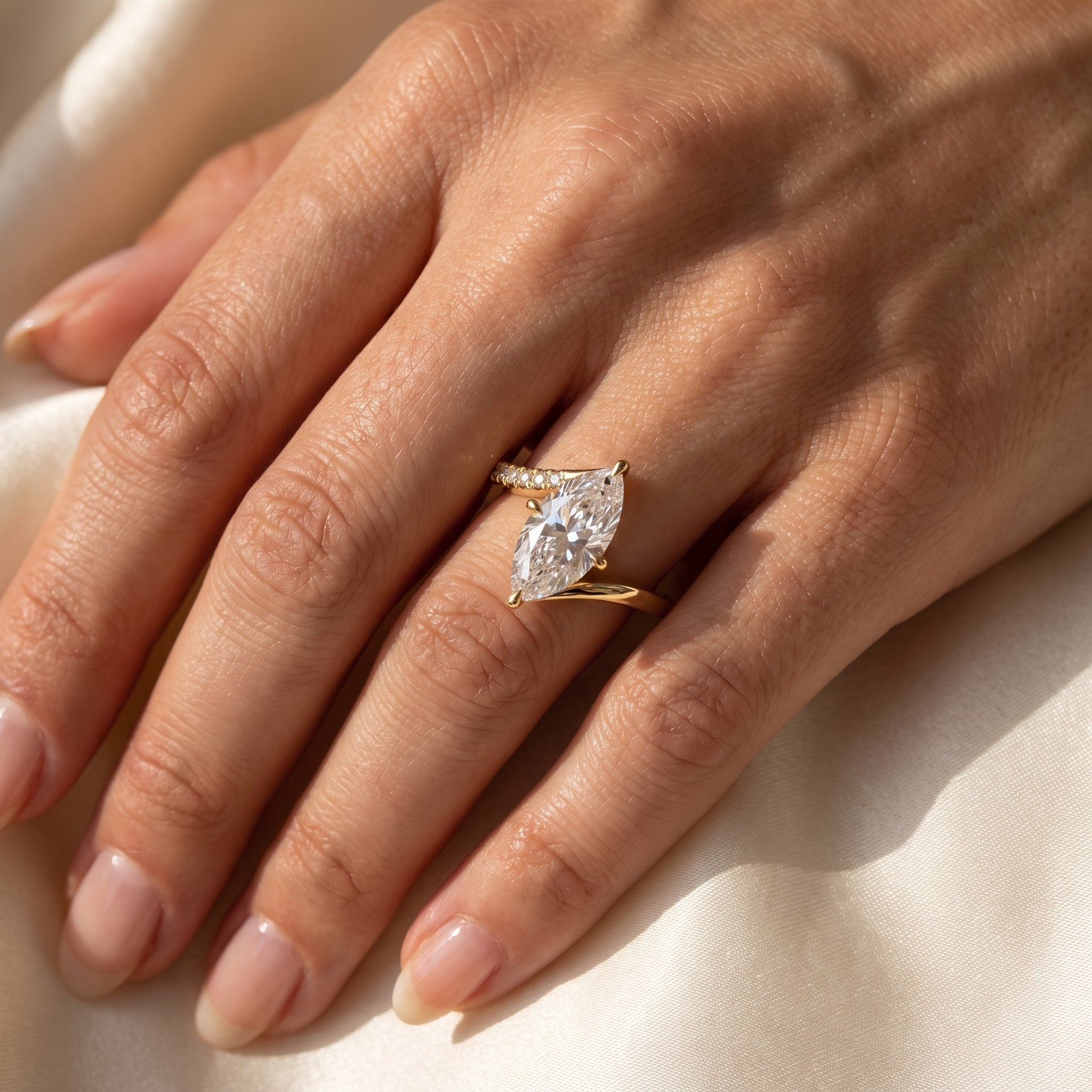 Modern Bypass Marquise  Side Stone Engagement Ring
