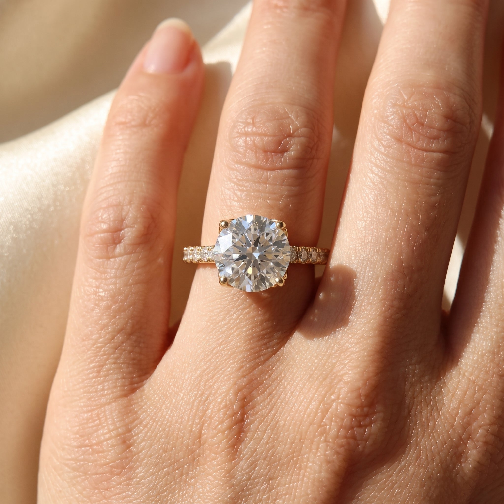 Round Brilliant Lab Grown Diamond  Pavé Side Stone Engagement Ring