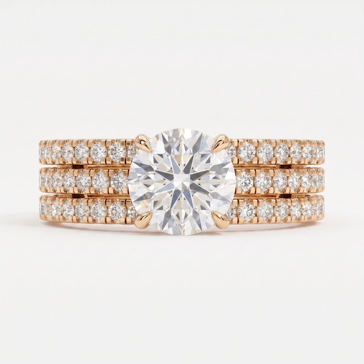 3 Row Round Diamond Statement Side Stone Ring