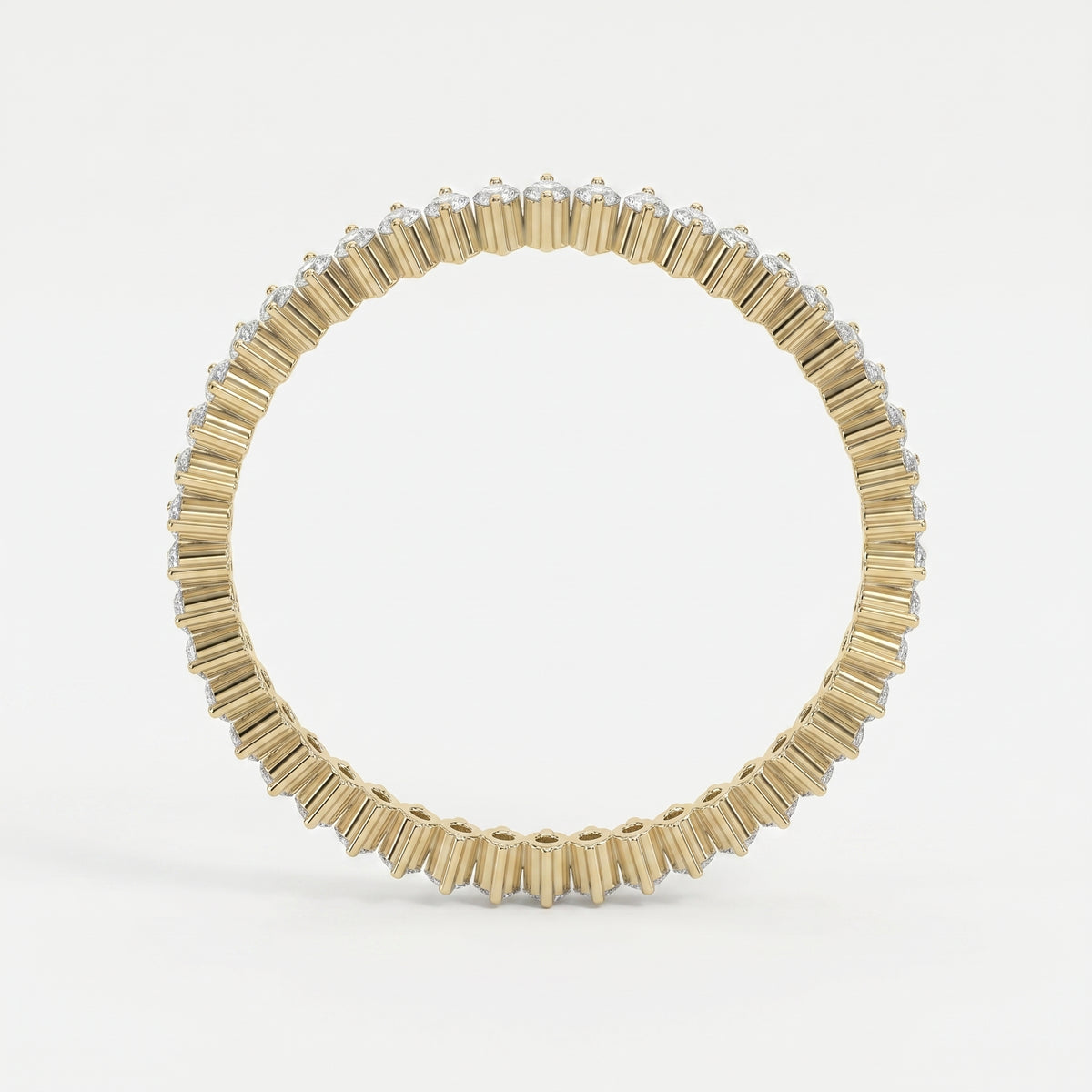 Side profile of diamond eternity band showing yellow gold setting details and brilliant diamond placement