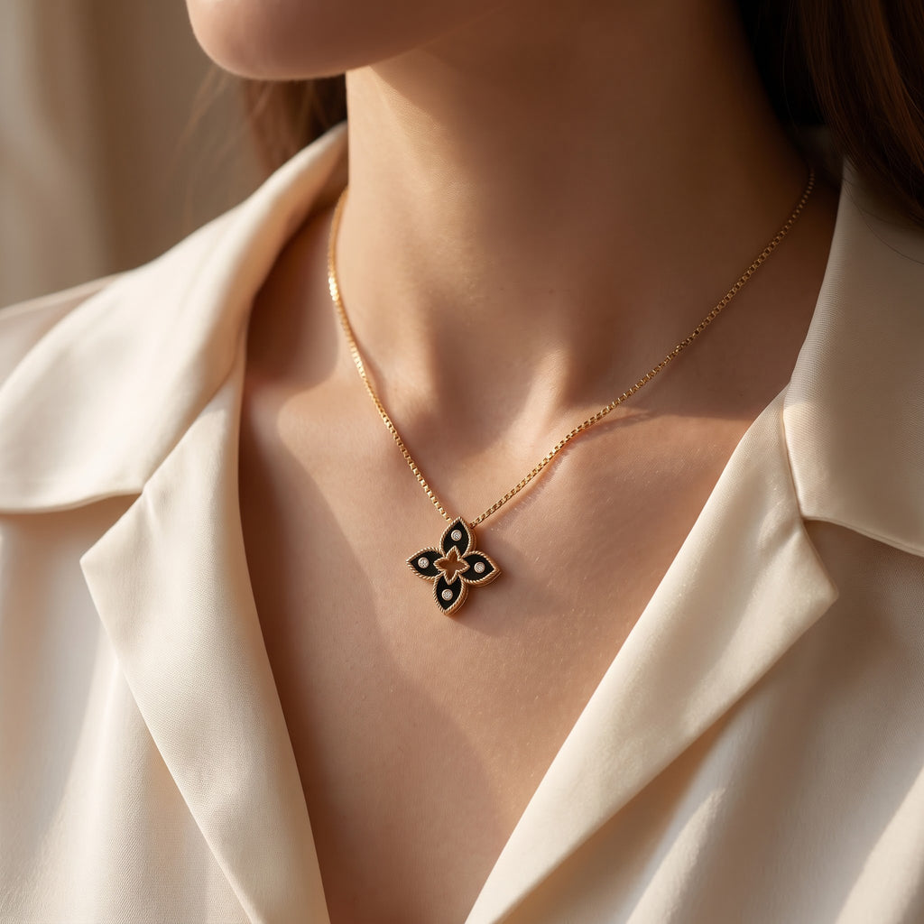 Black Enamel four-petal floral Round Diamond Pendant Necklace