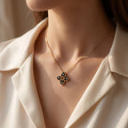 Black Enamel four-petal floral Round Diamond Pendant Necklace