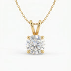 Gold necklace with a round diamond pendant on a white background