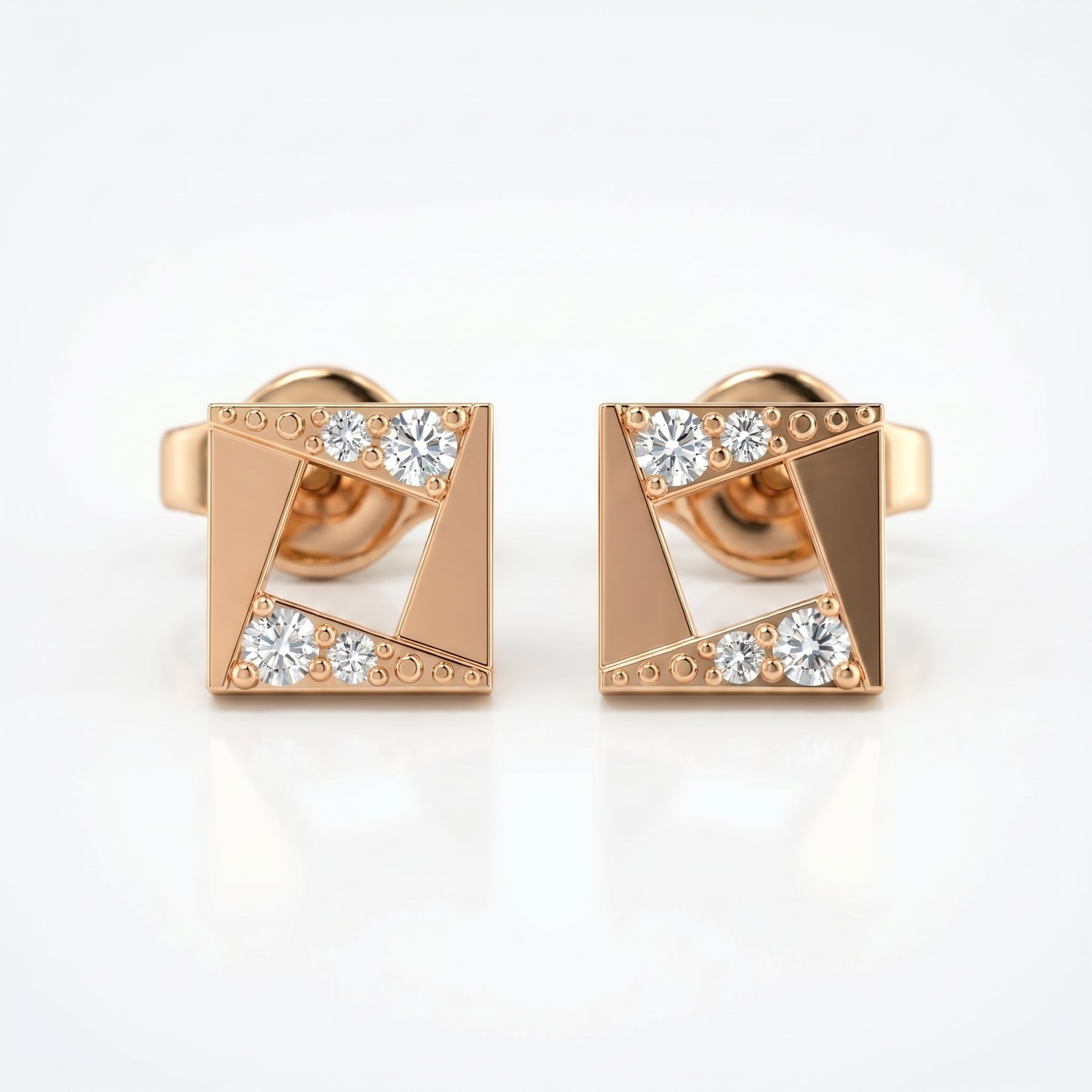 Minimalist rose gold geometric stud earrings with brilliant diamonds and modern square open-frame design