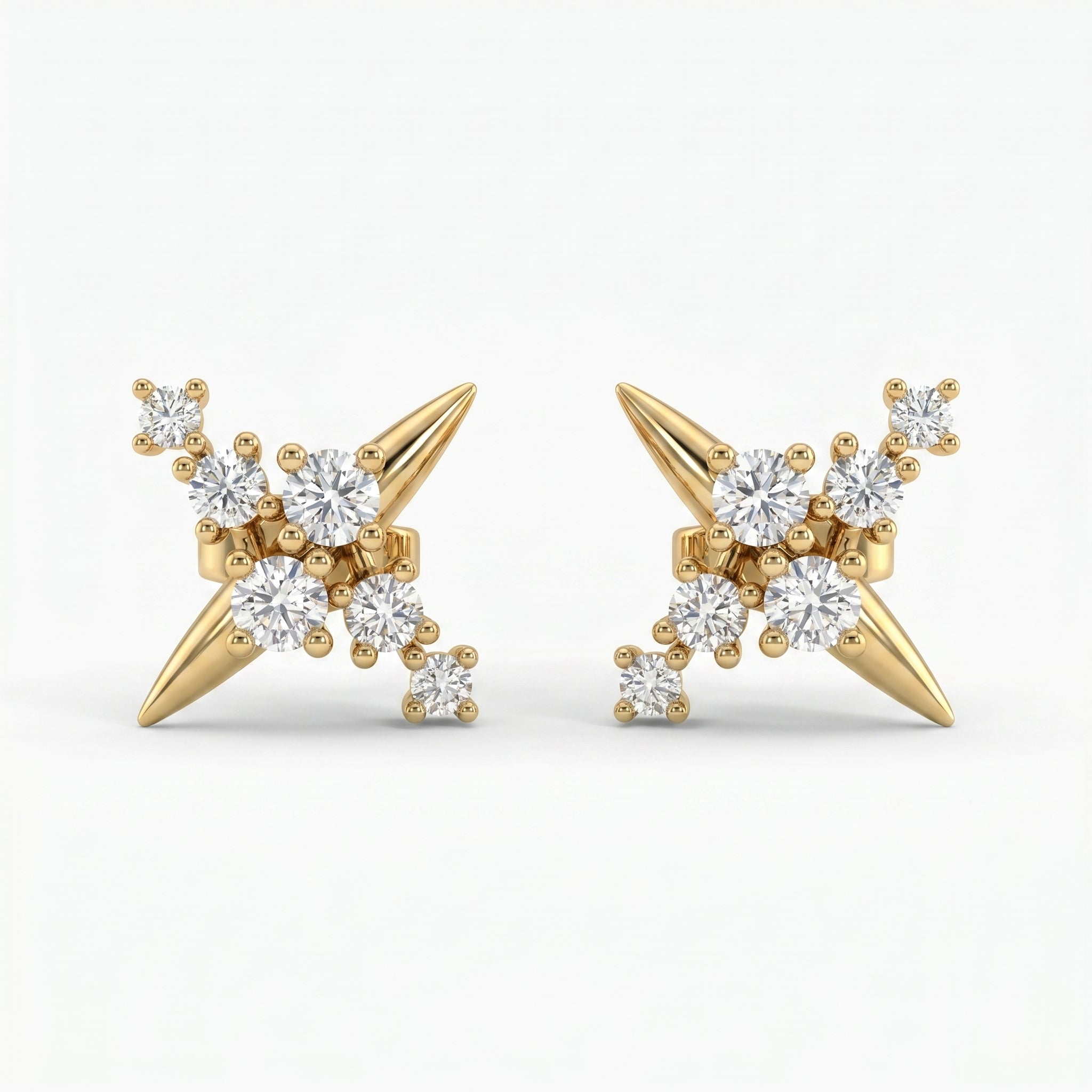 Luxury yellow gold starburst stud earrings with round diamonds on white background, modern fine jewelry design