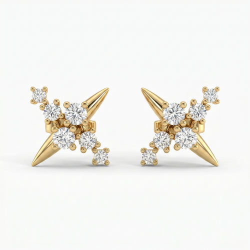 Luxury yellow gold starburst stud earrings with round diamonds on white background, modern fine jewelry design