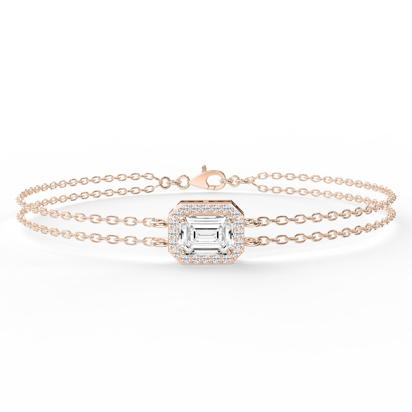 Diamond Bracelet Chain with Emerald Cut Halo Center – Double Chain Elegant Design