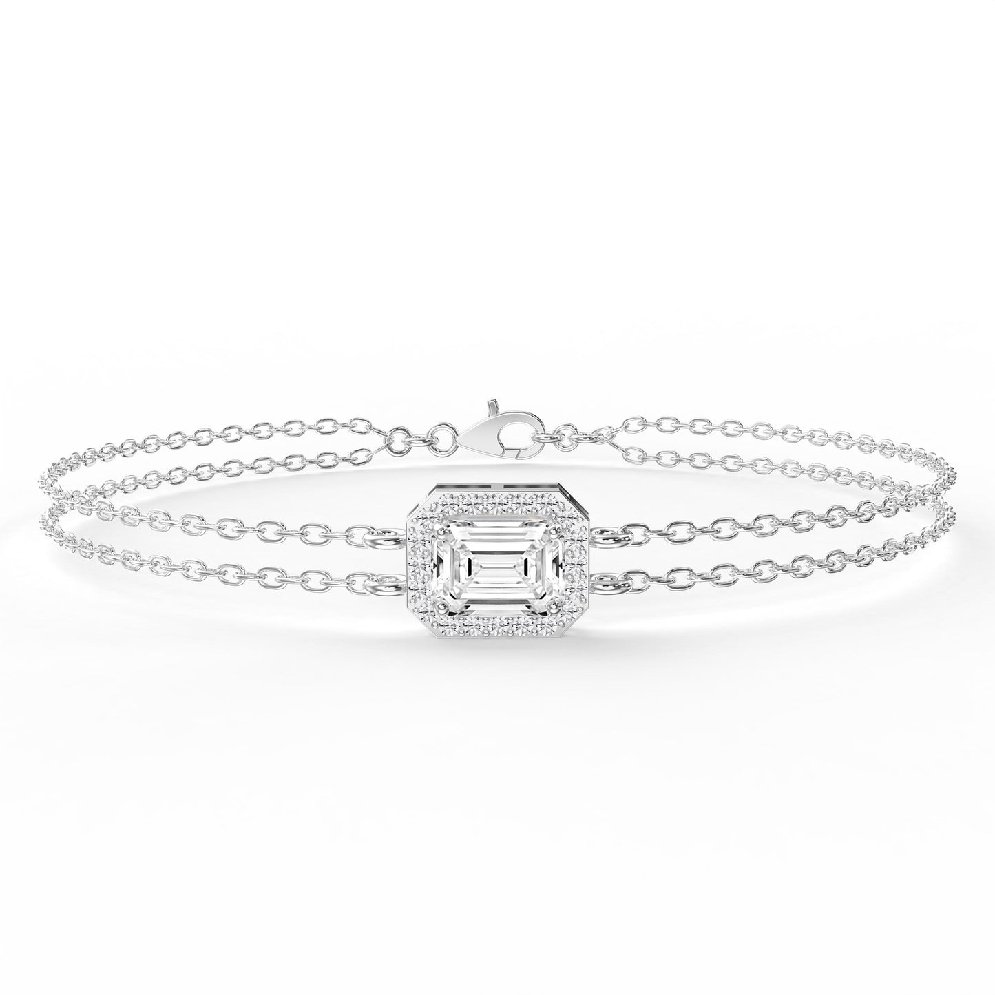 Diamond Bracelet Chain with Emerald Cut Halo Center – Double Chain Elegant Design
