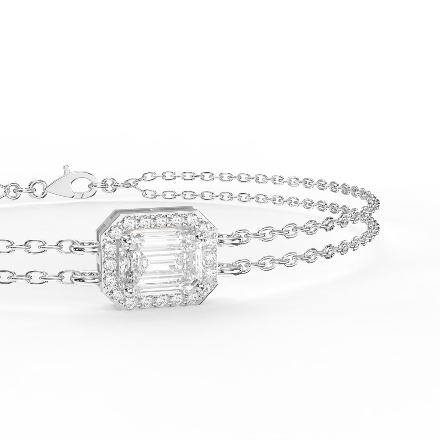 Diamond Bracelet Chain with Emerald Cut Halo Center – Double Chain Elegant Design