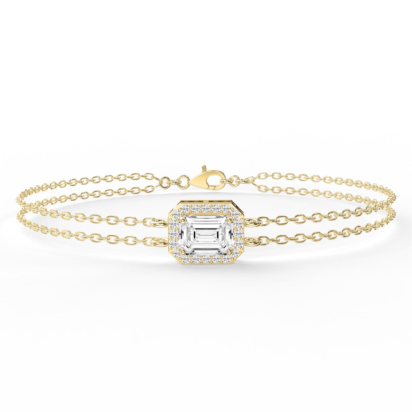 Diamond Bracelet Chain with Emerald Cut Halo Center – Double Chain Elegant Design