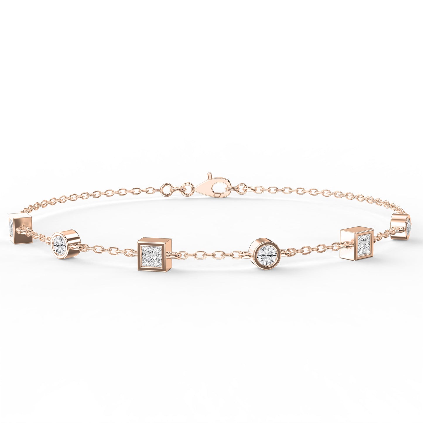 Modern Diamond Station Bracelet with Alternating Round & Princess-Cut Bezel Set Diamonds