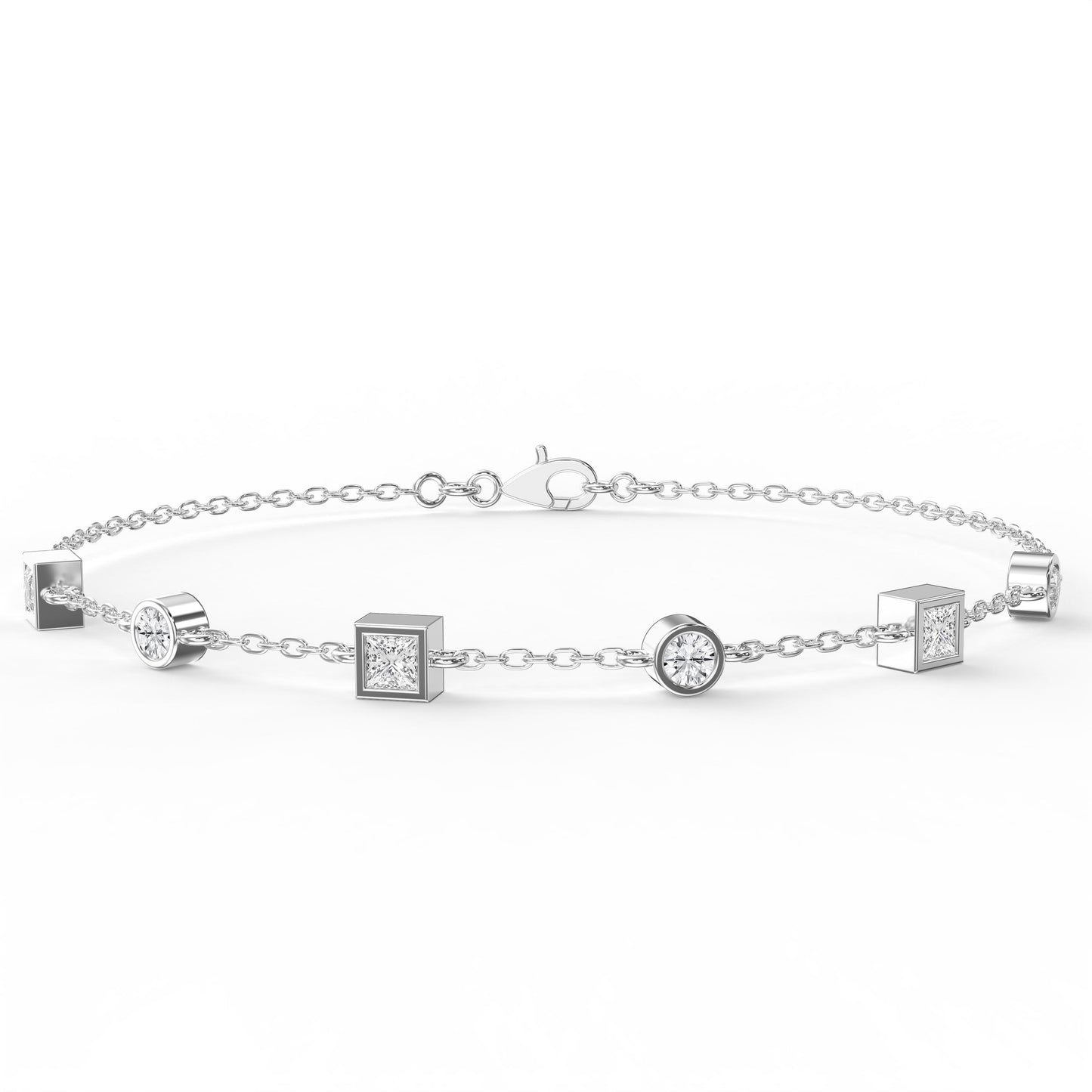 Modern Diamond Station Bracelet with Alternating Round & Princess-Cut Bezel Set Diamonds