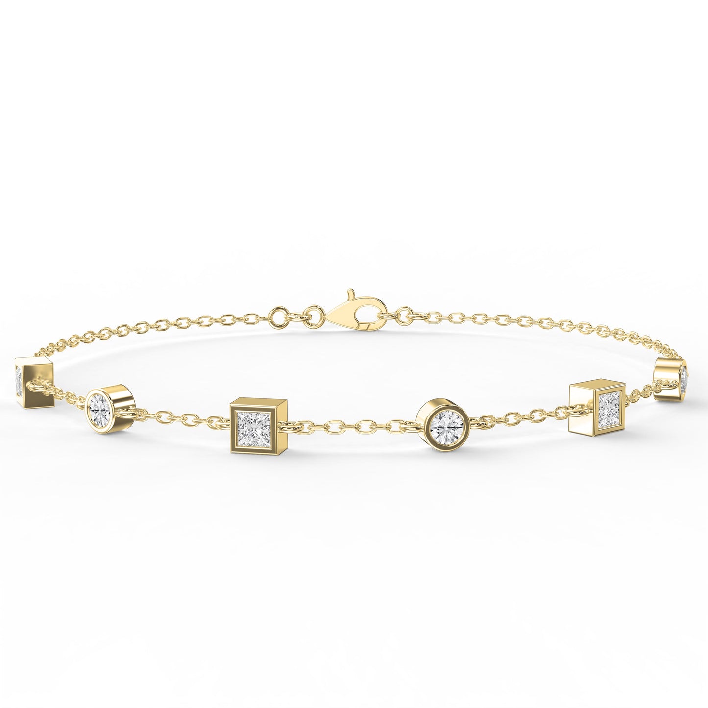 Modern Diamond Station Bracelet with Alternating Round & Princess-Cut Bezel Set Diamonds