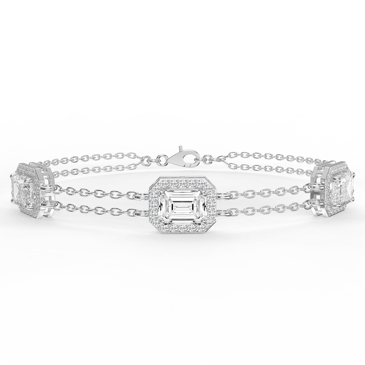 Emerald Cut Diamond Halo Double Chain Statement Design Bracelet