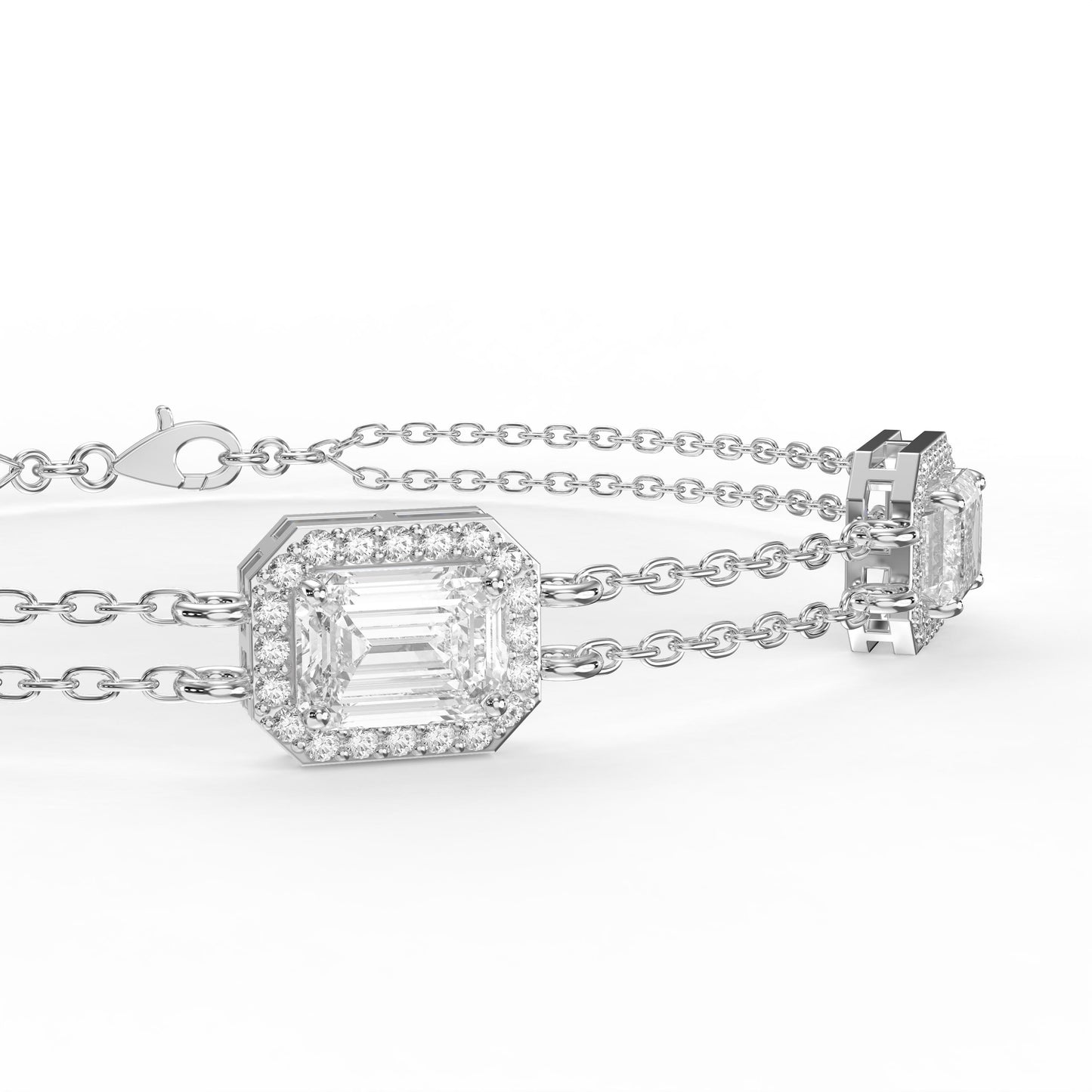 Emerald Cut Diamond Halo Double Chain Statement Design Bracelet