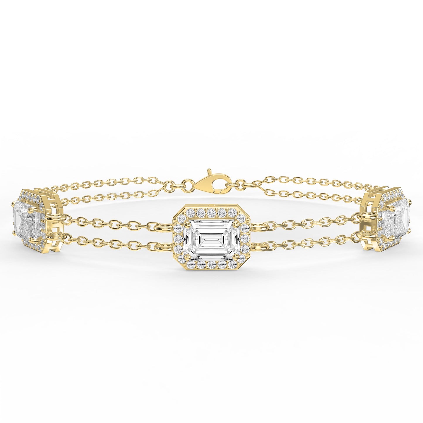 Emerald Cut Diamond Halo Double Chain Statement Design Bracelet