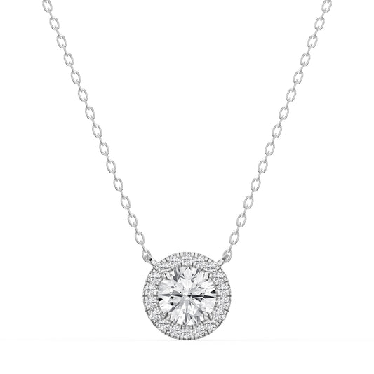 Round Shape Diamond and Side Stone Halo Design Necklace