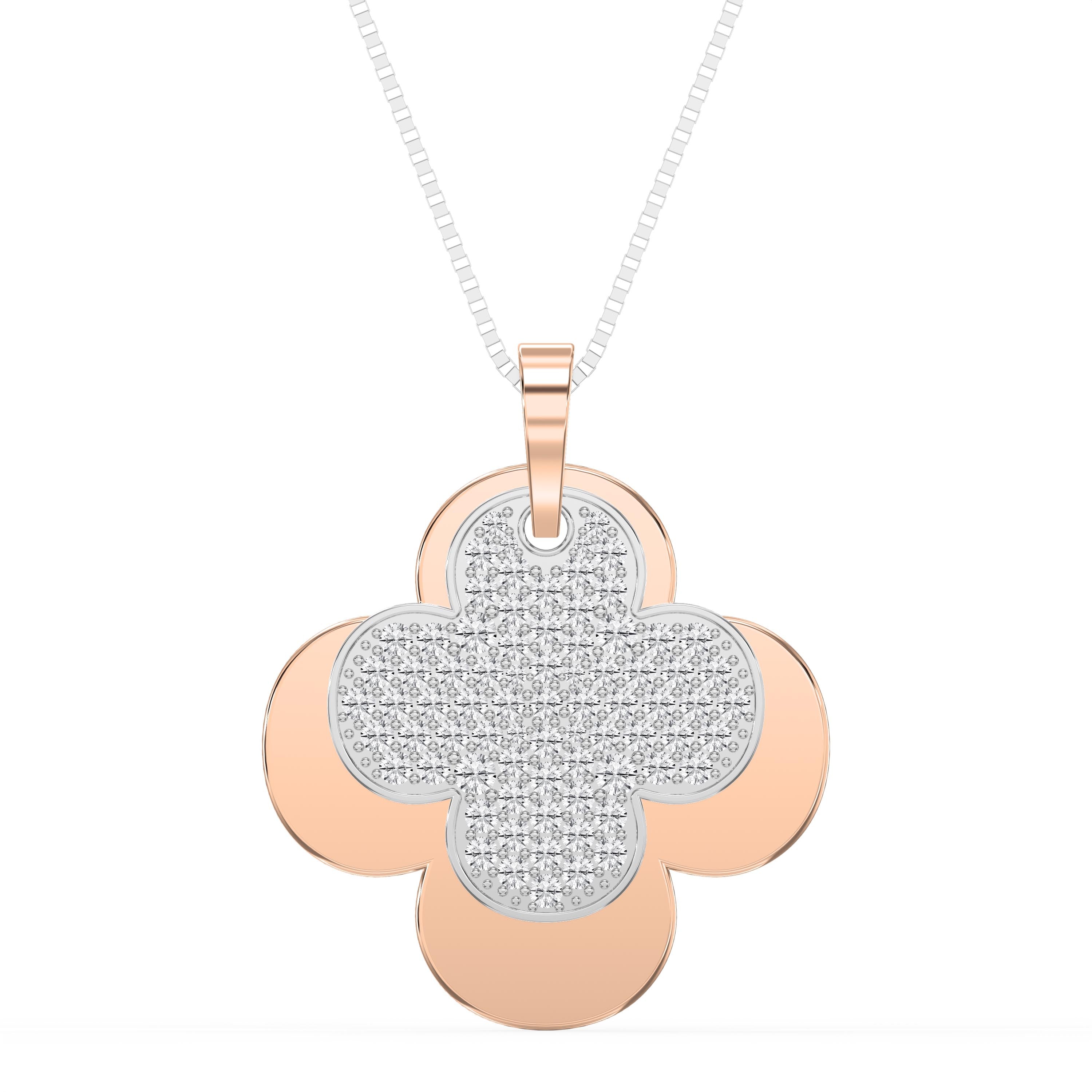Elegant Pave Two-Tone Clover Diamond Pendant Necklace