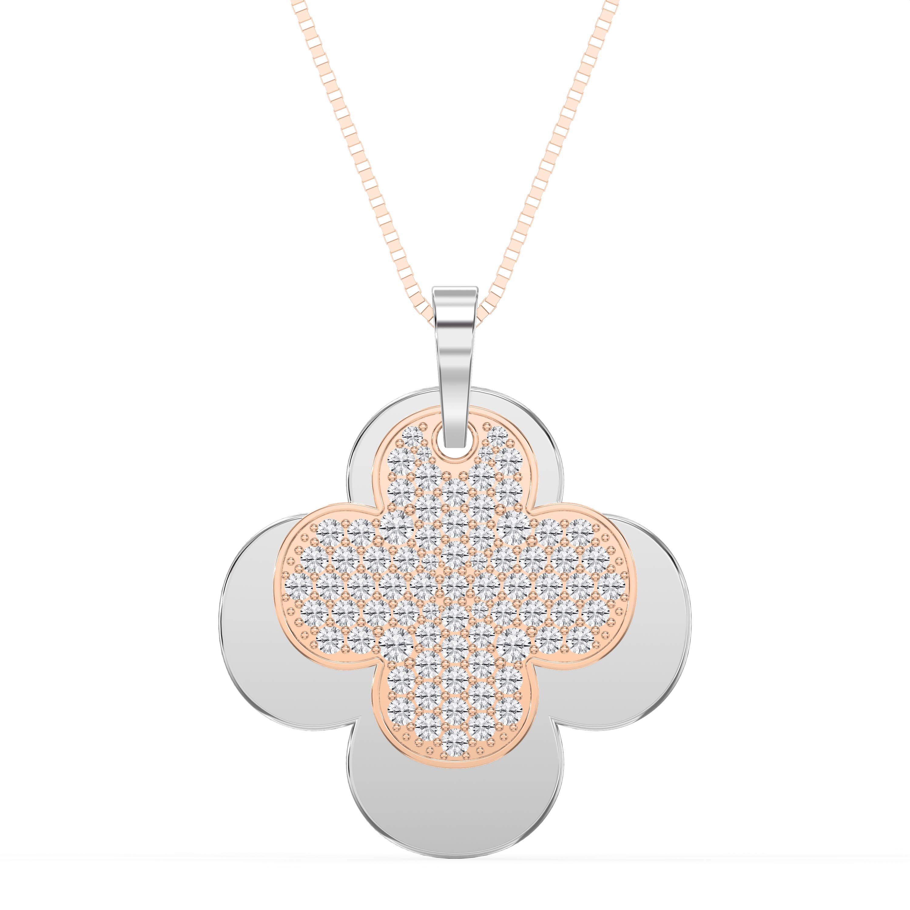 Elegant Pave Two-Tone Clover Diamond Pendant Necklace