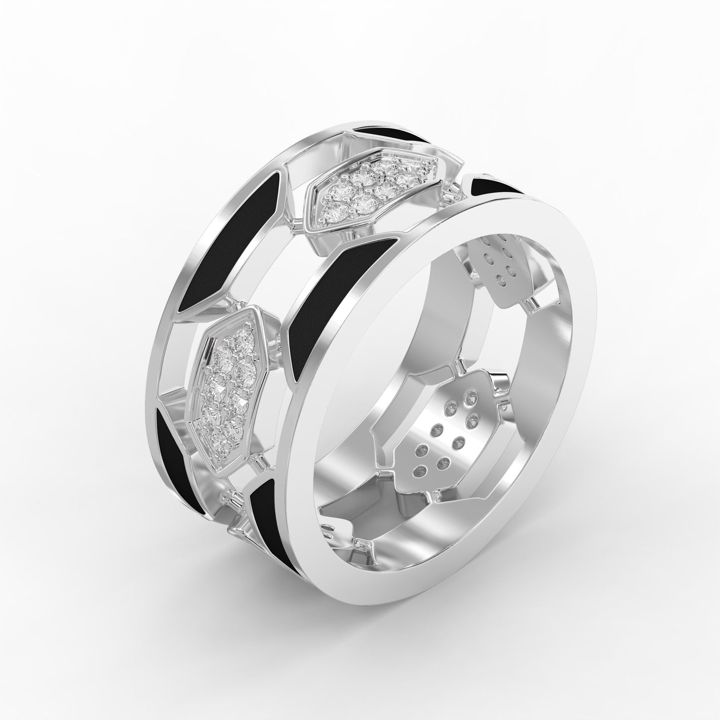 Geometric Cluster Design with Black Enamel Diamond Band