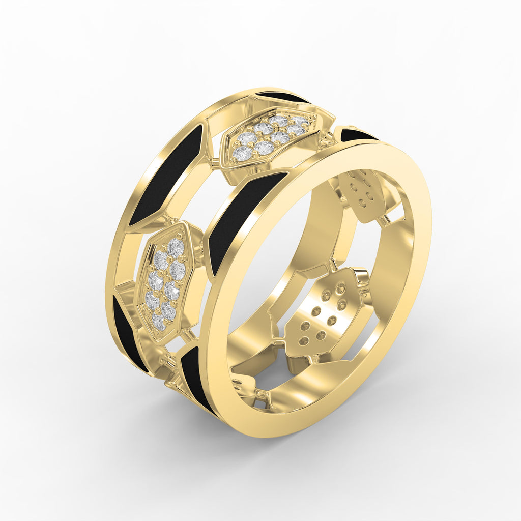 Geometric Cluster Design with Black Enamel Diamond Band