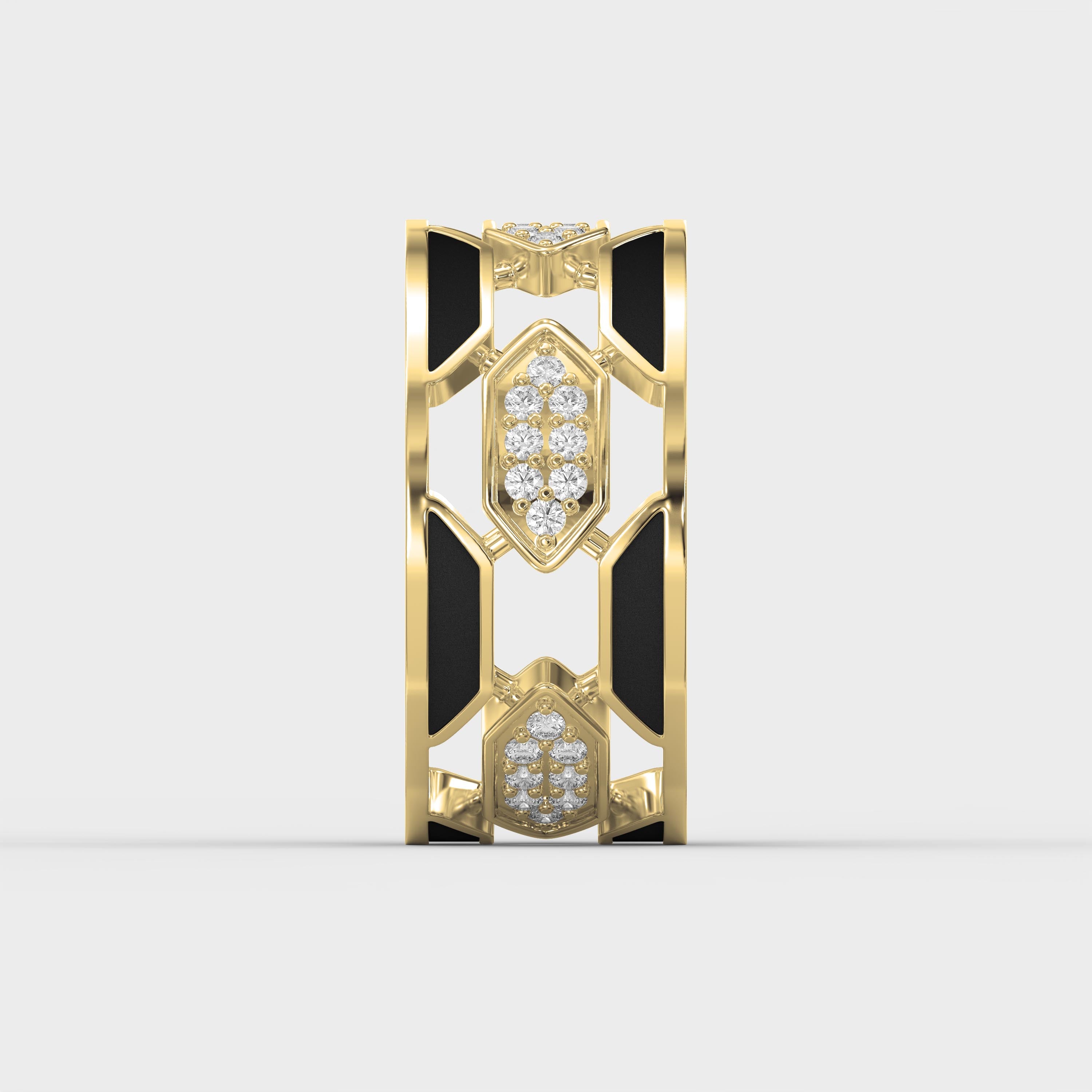 Geometric Cluster Design with Black Enamel Diamond Band
