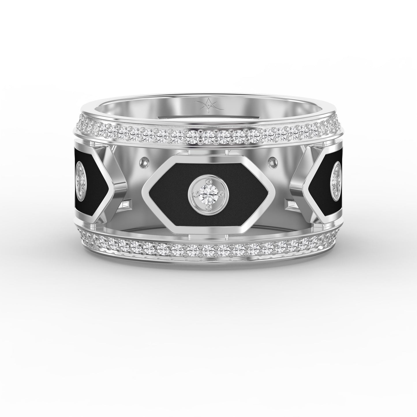 Wide Round Diamond Band with Black Enamel Ring