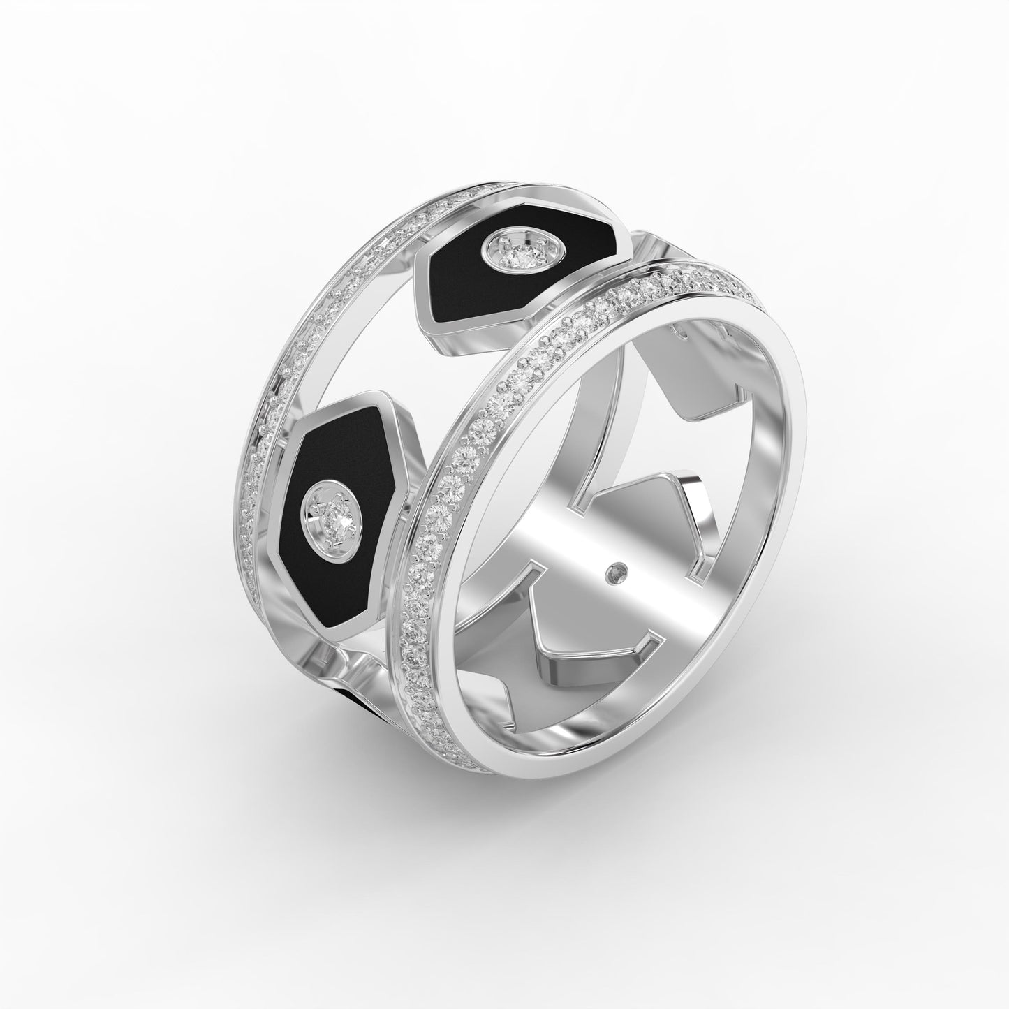 Wide Round Diamond Band with Black Enamel Ring