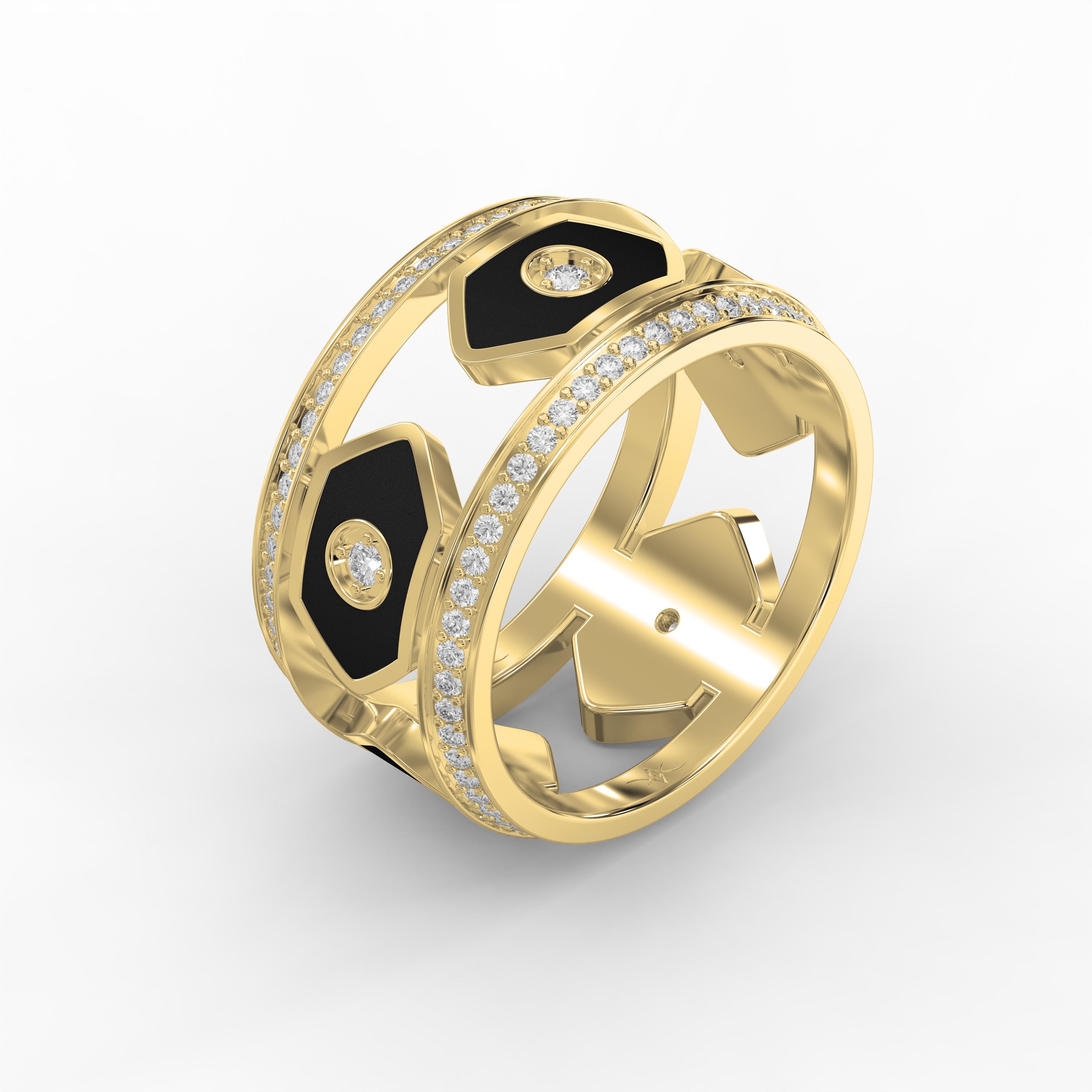 Wide Round Diamond Band with Black Enamel Ring