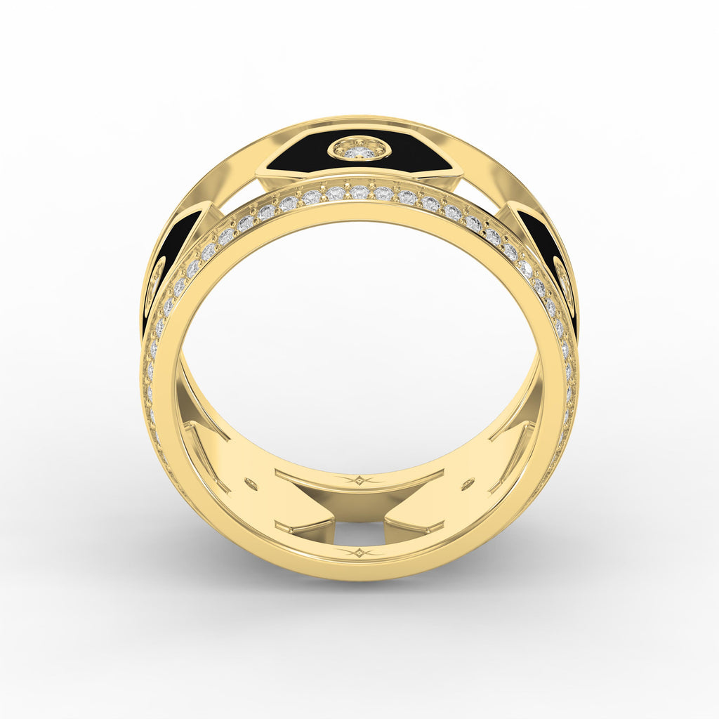 Wide Round Diamond Band with Black Enamel Ring