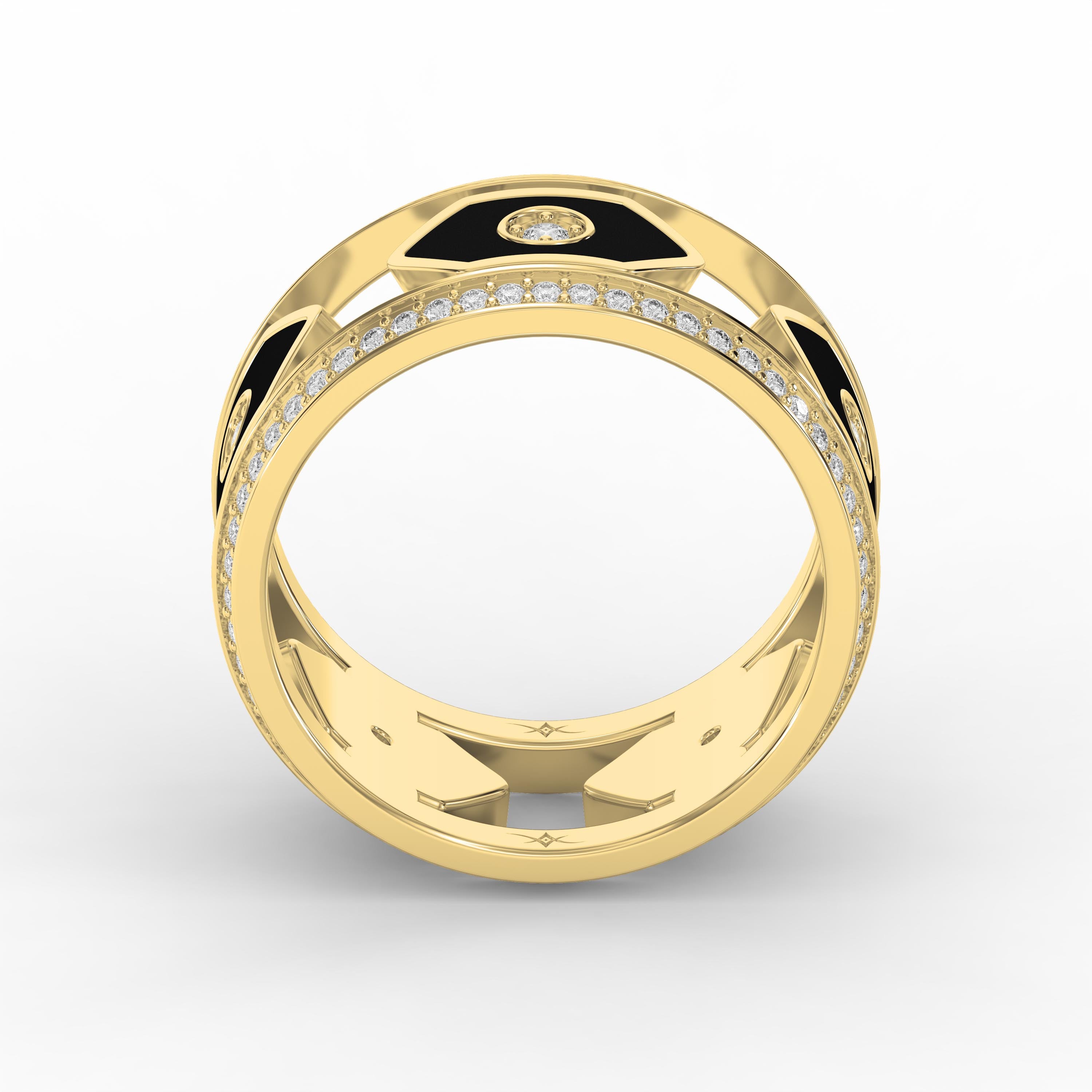 Wide Round Diamond Band with Black Enamel Ring