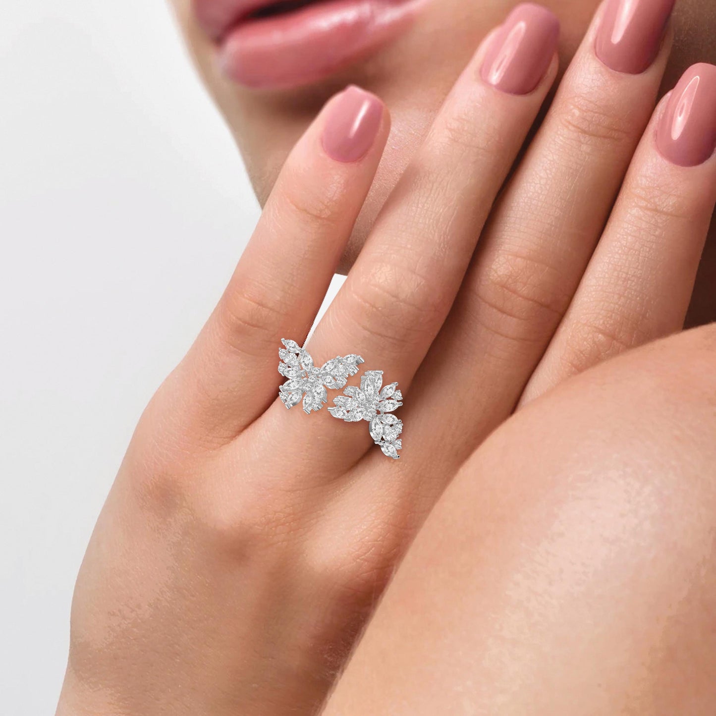 Double Floral Statement Cocktail Butterfly Style Fashion Ring