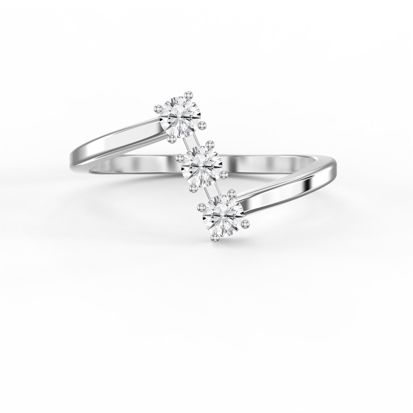 Modern Split Shank Three Stone Round Diamond Curved Ring