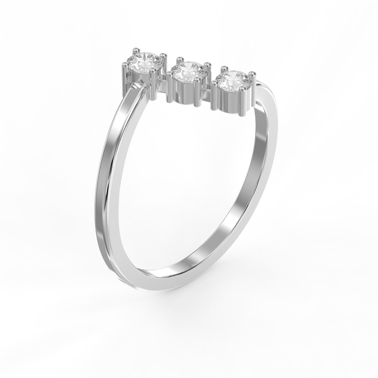 Modern Split Shank Three Stone Round Diamond Curved Ring