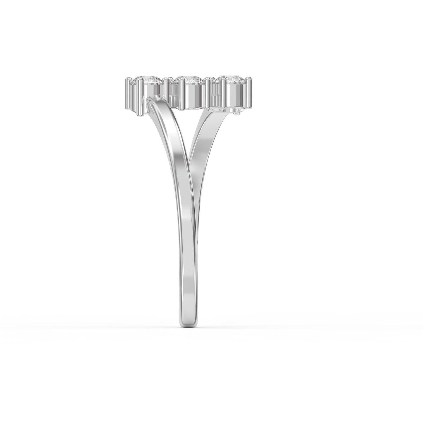 Modern Split Shank Three Stone Round Diamond Curved Ring