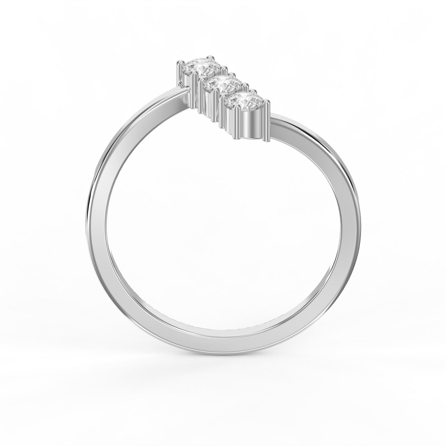Modern Split Shank Three Stone Round Diamond Curved Ring