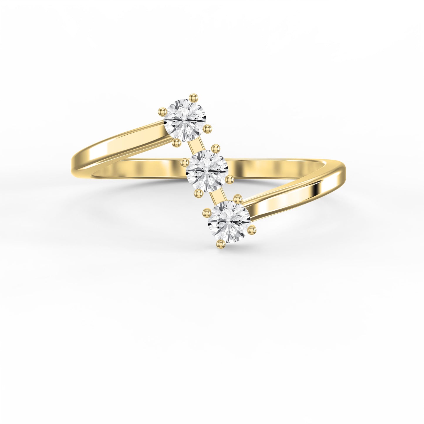 Modern Split Shank Three Stone Round Diamond Curved Ring